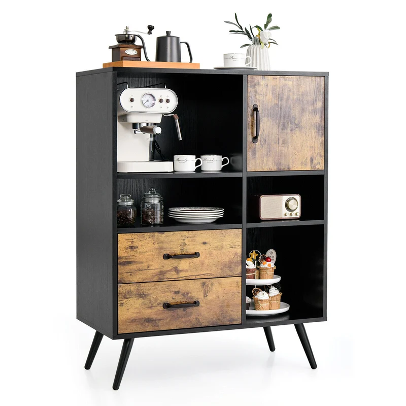 Industrial Buffet Sideboard, Kitchen Cupboard With Cubbies Drawers, Rustic Brown