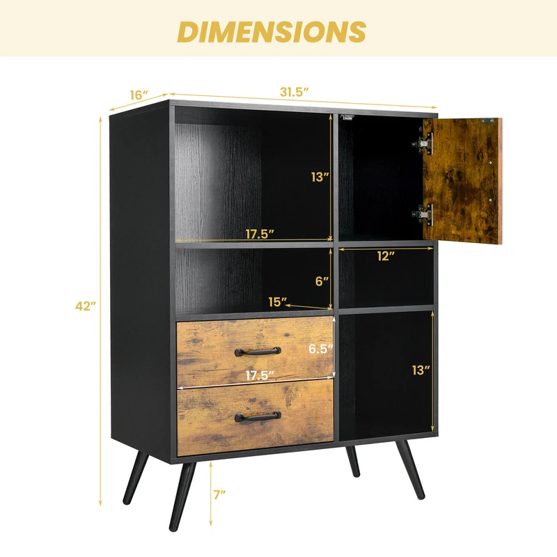 Industrial Buffet Sideboard, Kitchen Cupboard With Cubbies Drawers, Rustic Brown