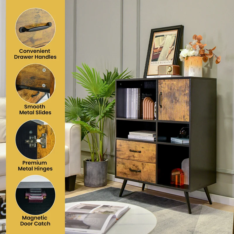 Industrial Buffet Sideboard, Kitchen Cupboard With Cubbies Drawers, Rustic Brown