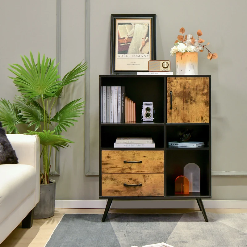 Industrial Buffet Sideboard, Kitchen Cupboard With Cubbies Drawers, Rustic Brown