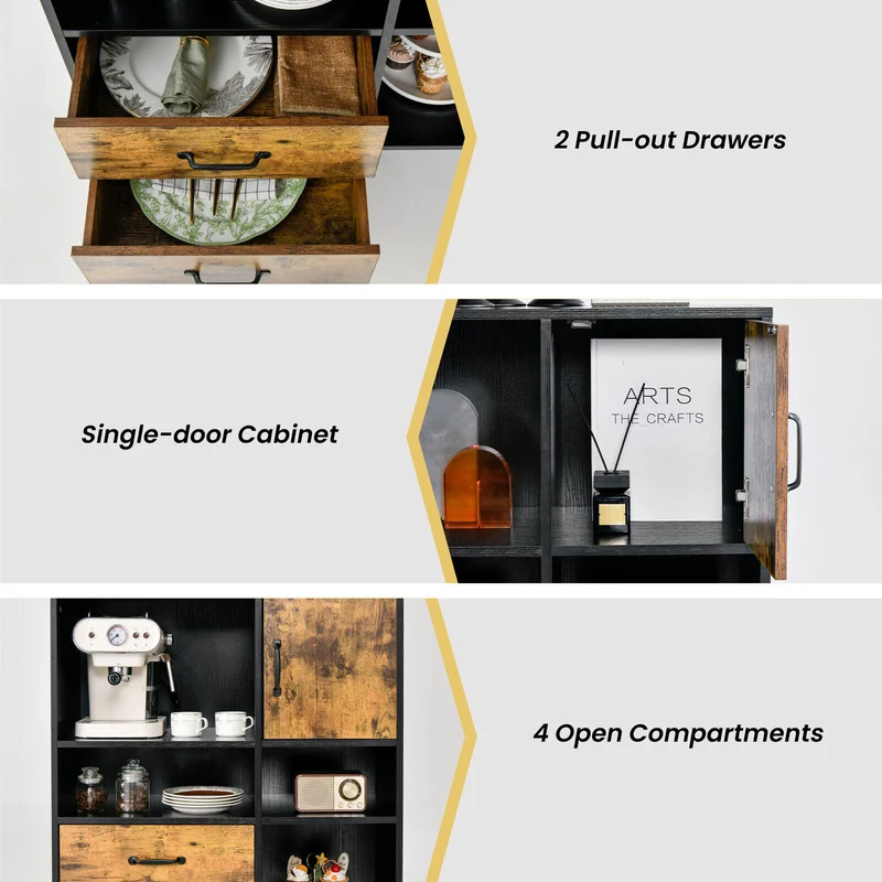 Industrial Buffet Sideboard, Kitchen Cupboard With Cubbies Drawers, Rustic Brown
