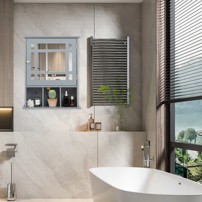 Wall Mounted Mirrored Bathroom Cabinet, Gray