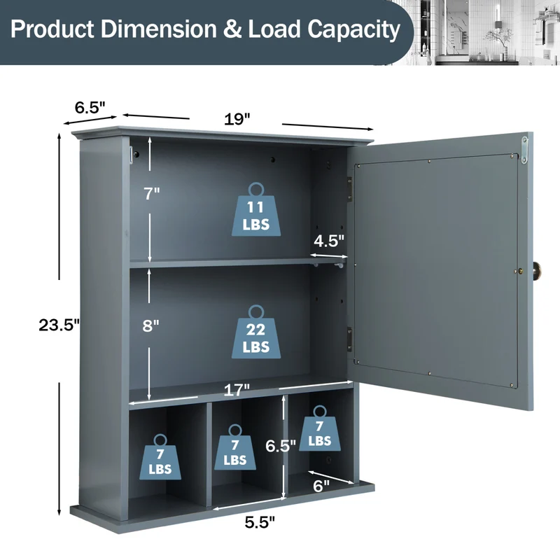 Wall Mounted Mirrored Bathroom Cabinet, Gray