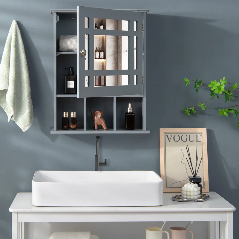 Wall Mounted Mirrored Bathroom Cabinet, Gray