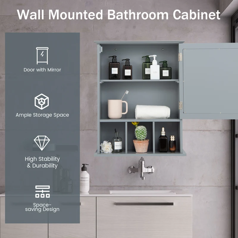 Wall Mounted Mirrored Bathroom Cabinet, Gray