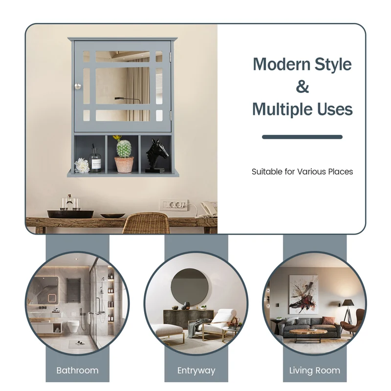 Wall Mounted Mirrored Bathroom Cabinet, Gray