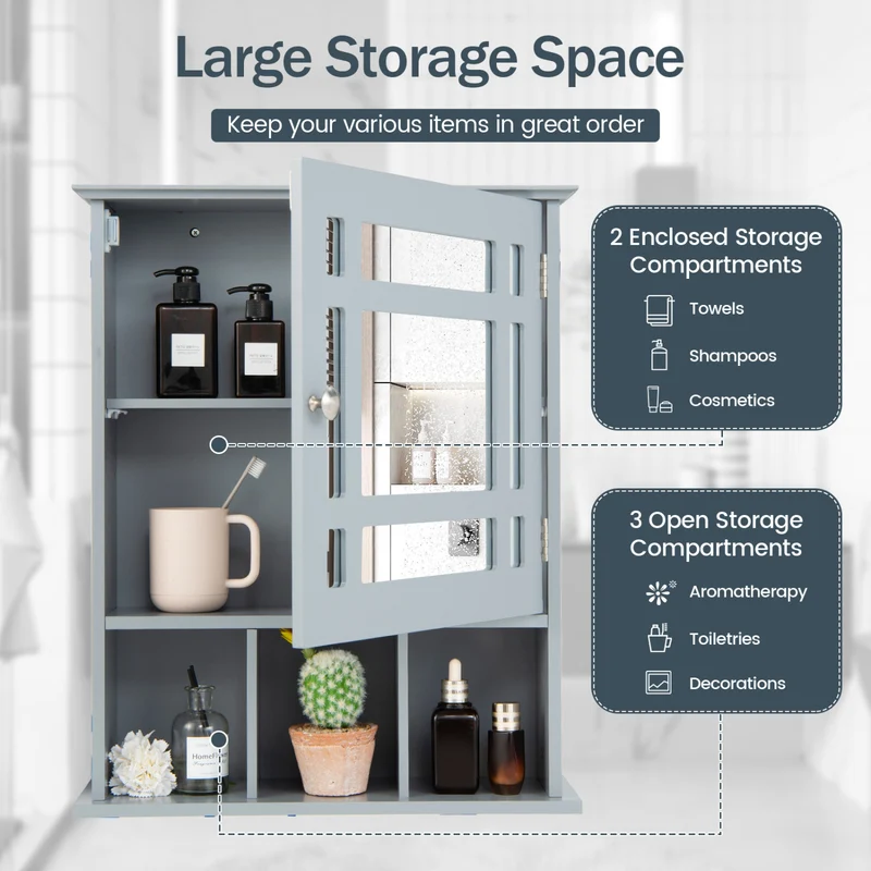 Wall Mounted Mirrored Bathroom Cabinet, Gray