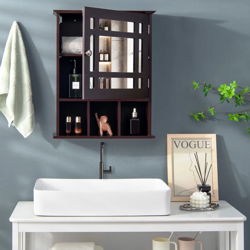 Wall Mounted Mirrored Bathroom Cabinet, Brown