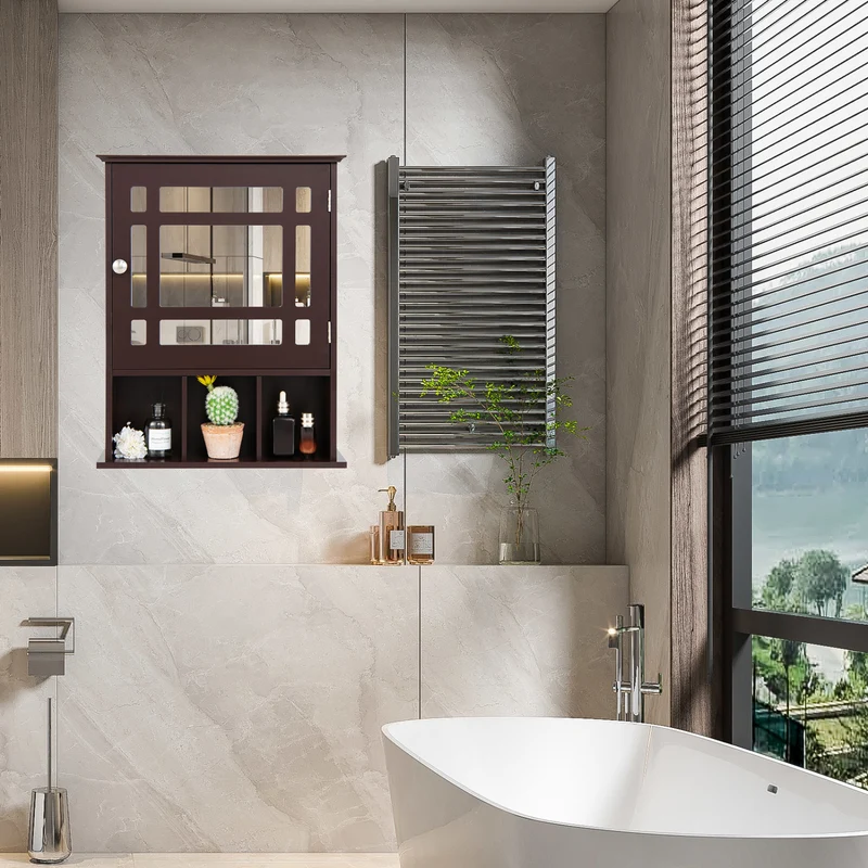 Wall Mounted Mirrored Bathroom Cabinet, Brown