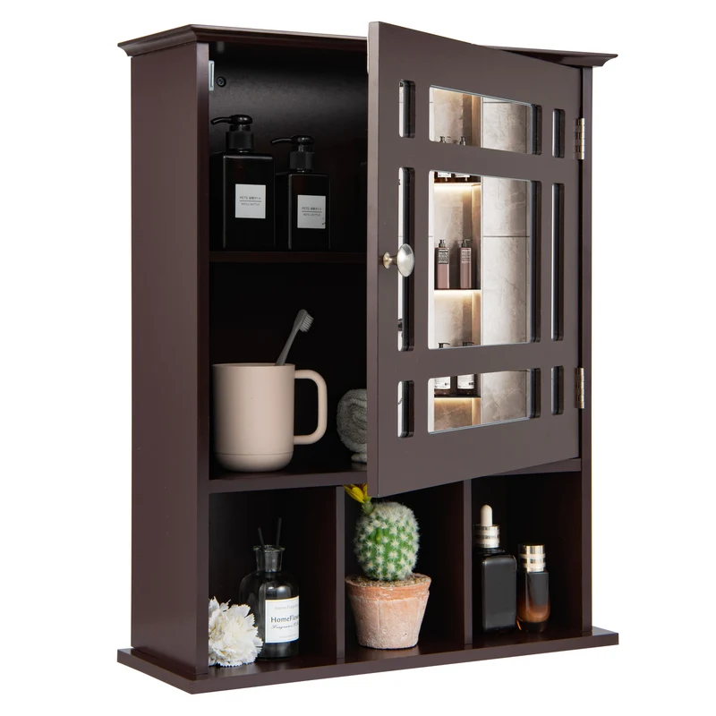 Wall Mounted Mirrored Bathroom Cabinet, Brown