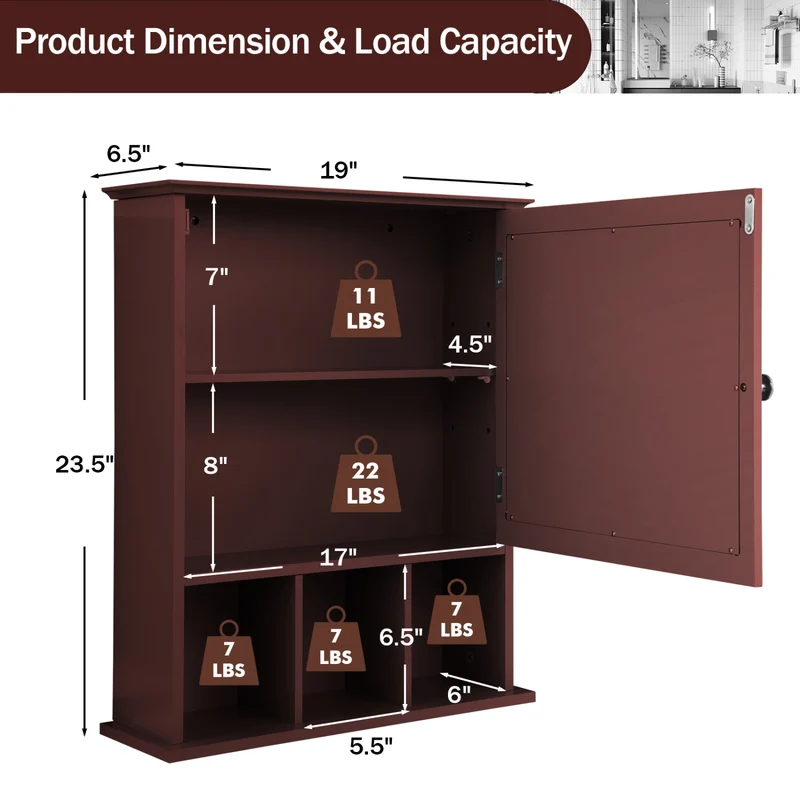 Wall Mounted Mirrored Bathroom Cabinet, Brown