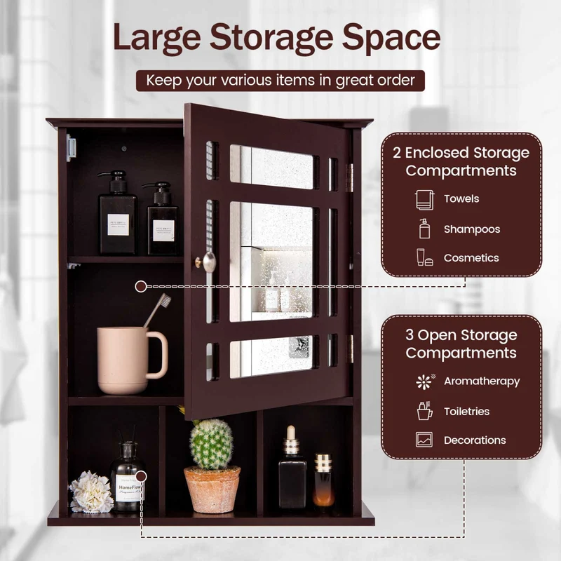 Wall Mounted Mirrored Bathroom Cabinet, Brown