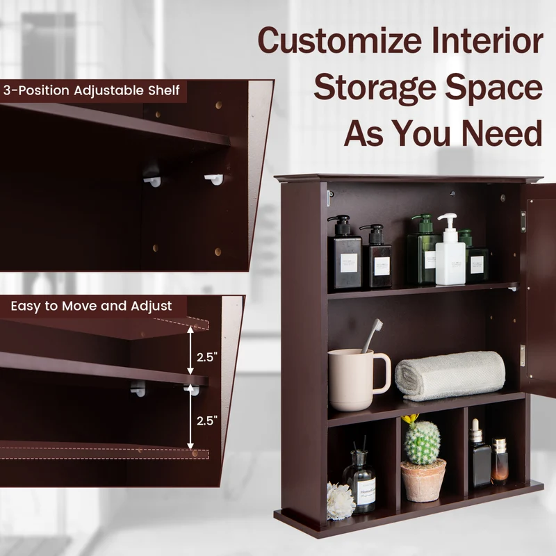 Wall Mounted Mirrored Bathroom Cabinet, Brown
