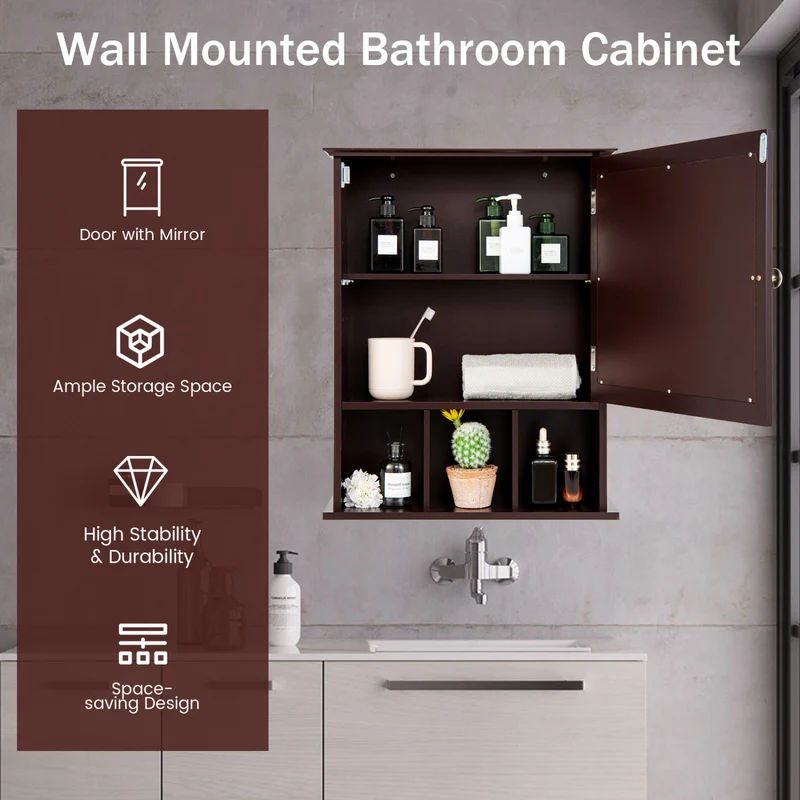 Wall Mounted Mirrored Bathroom Cabinet, Brown