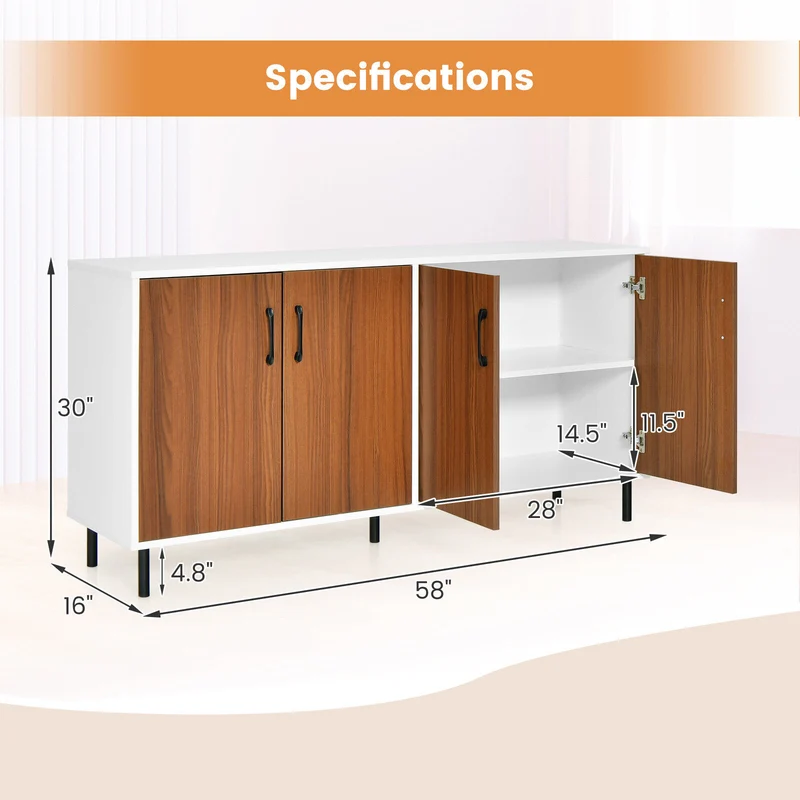 4-Door Kitchen Buffet Sideboard, White