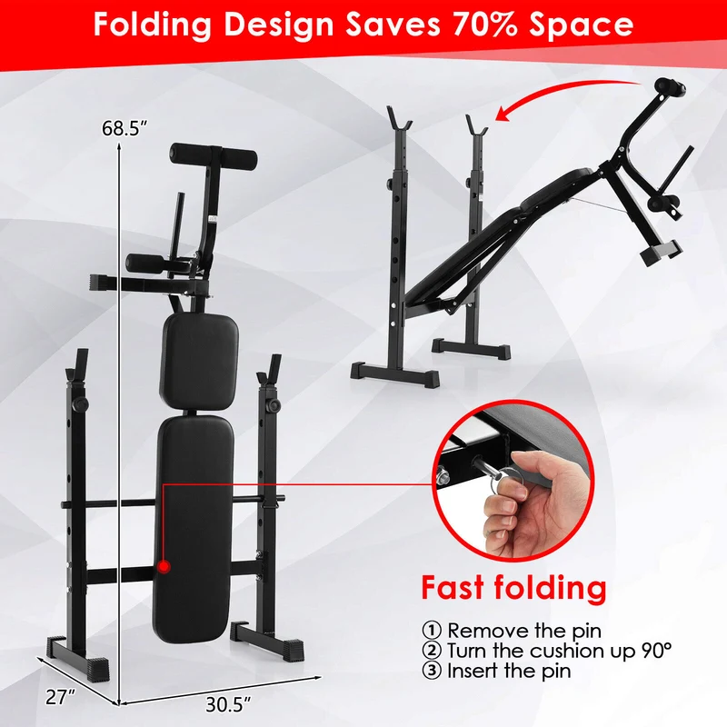 Adjustable Weight Bench, Barbell Rack Set, Weight Plate Post, Black