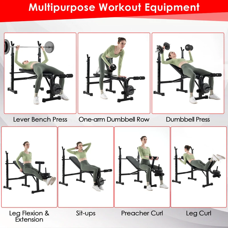 Adjustable Weight Bench, Barbell Rack Set, Weight Plate Post, Black