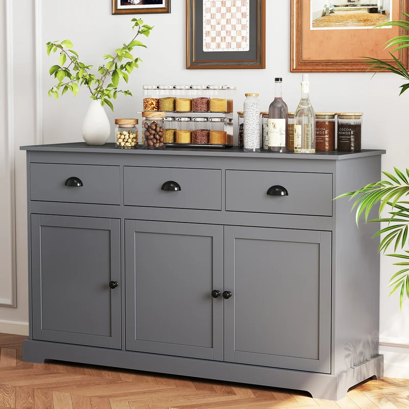 3 Drawers Sideboard Buffet Storage, Adjustable Shelves, Gray