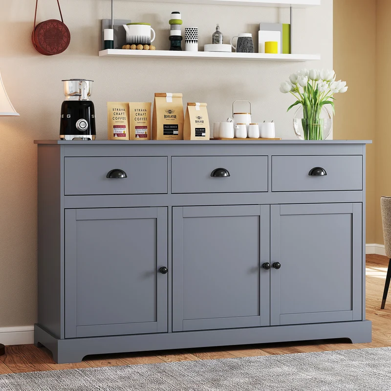 3 Drawers Sideboard Buffet Storage, Adjustable Shelves, Gray