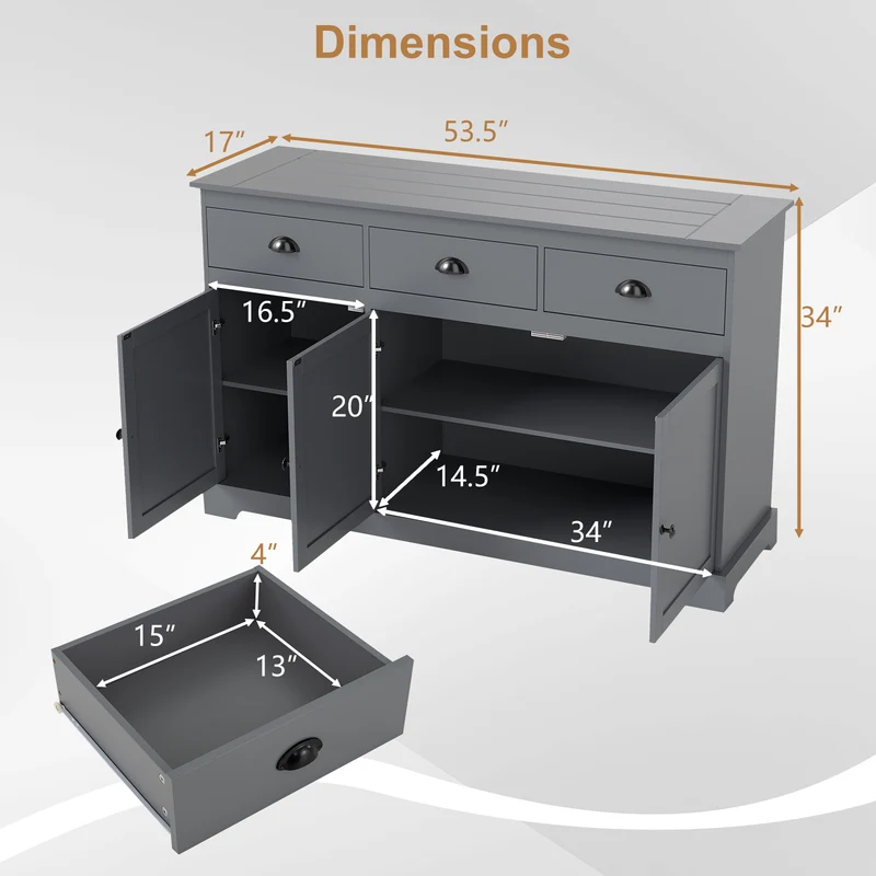3 Drawers Sideboard Buffet Storage, Adjustable Shelves, Gray