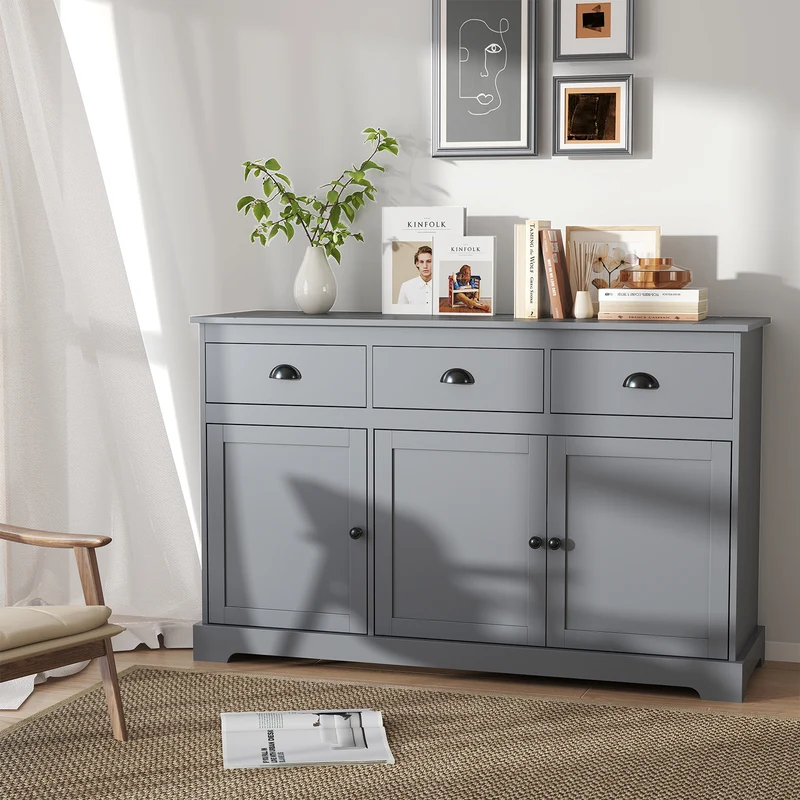 3 Drawers Sideboard Buffet Storage, Adjustable Shelves, Gray
