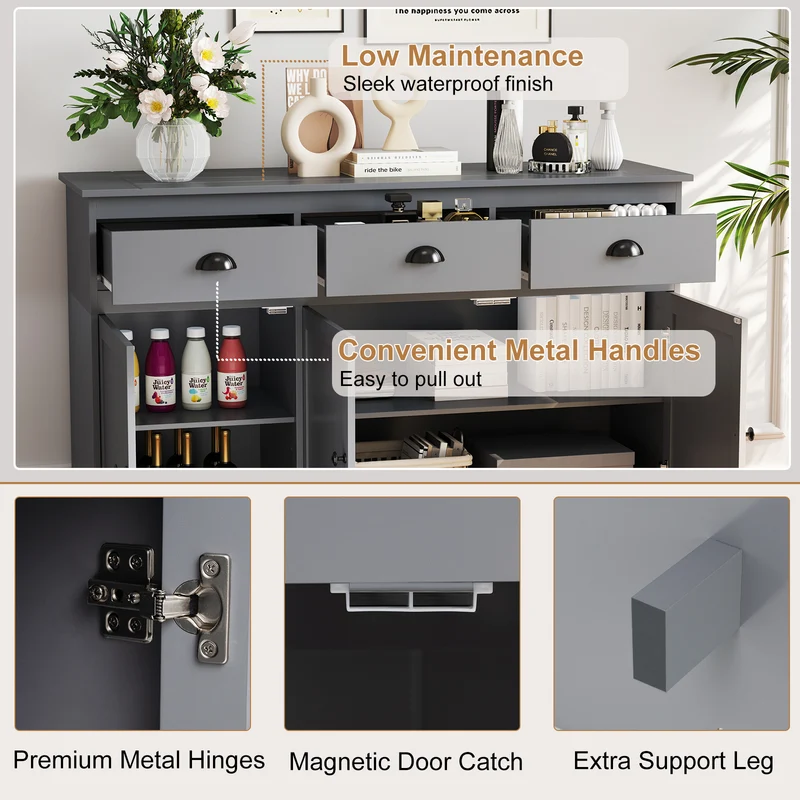3 Drawers Sideboard Buffet Storage, Adjustable Shelves, Gray
