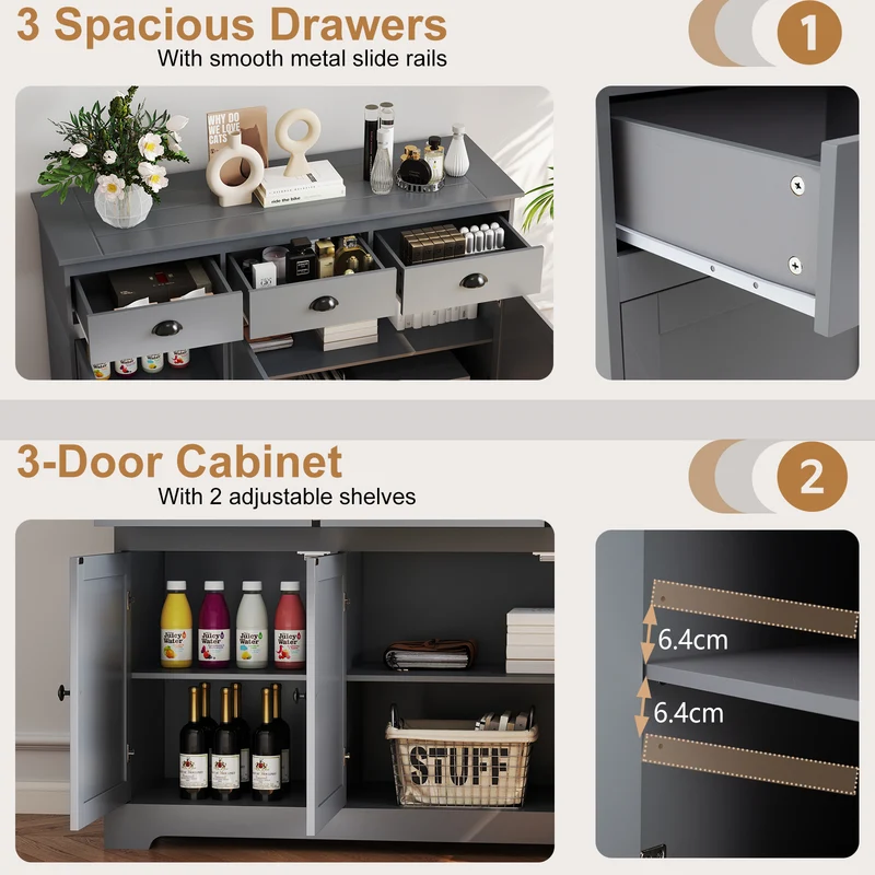 3 Drawers Sideboard Buffet Storage, Adjustable Shelves, Gray