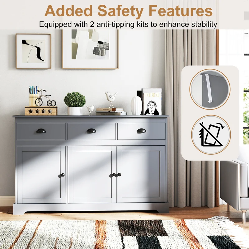 3 Drawers Sideboard Buffet Storage, Adjustable Shelves, Gray