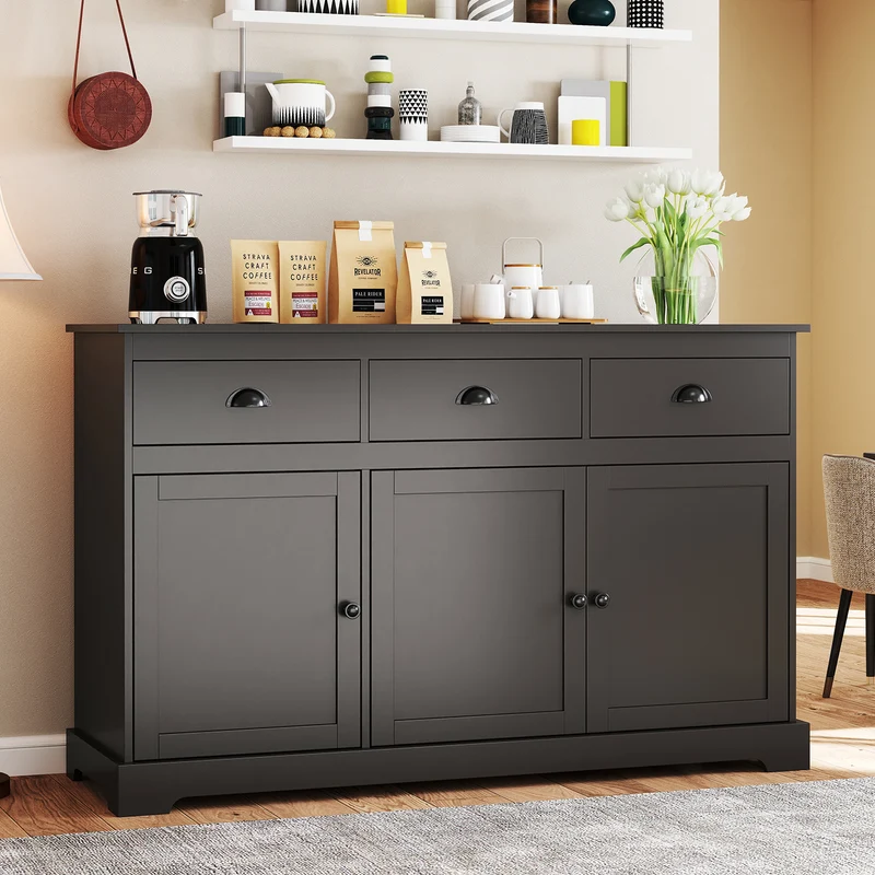 3 Drawer Sideboard Buffet, Adjustable Shelves, Brown