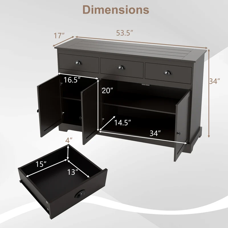 3 Drawer Sideboard Buffet, Adjustable Shelves, Brown