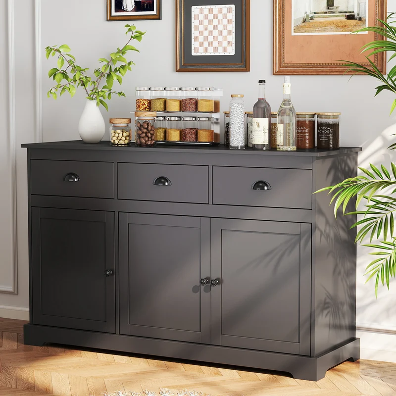 3 Drawer Sideboard Buffet, Adjustable Shelves, Brown
