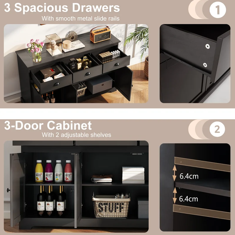 3 Drawer Sideboard Buffet, Adjustable Shelves, Brown