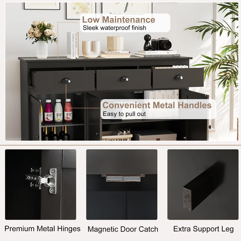 3 Drawer Sideboard Buffet, Adjustable Shelves, Brown