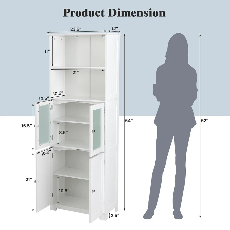 6-Tier Freestanding Bathroom Cabinet, Adjustable Shelves, White