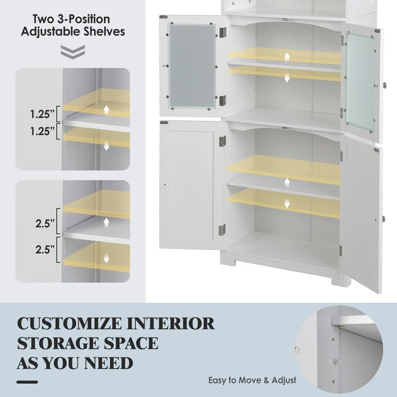 6-Tier Freestanding Bathroom Cabinet, Adjustable Shelves, White