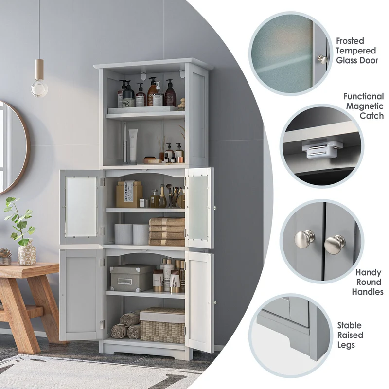 6-Tier Freestanding Bathroom Cabinet, Adjustable Shelves, White