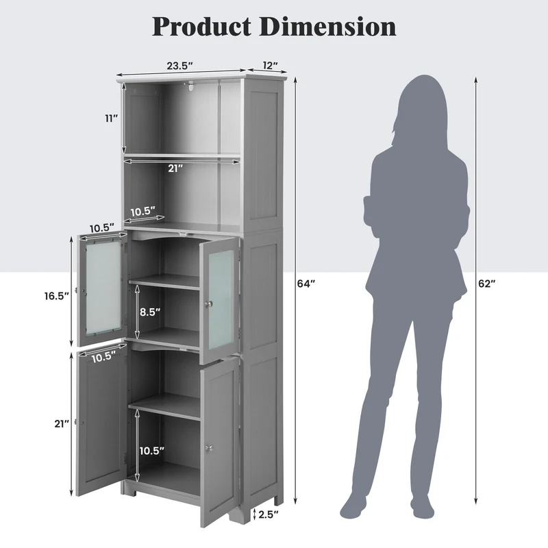 6-Tier Freestanding Bathroom Cabinet, Adjustable Shelves, Gray