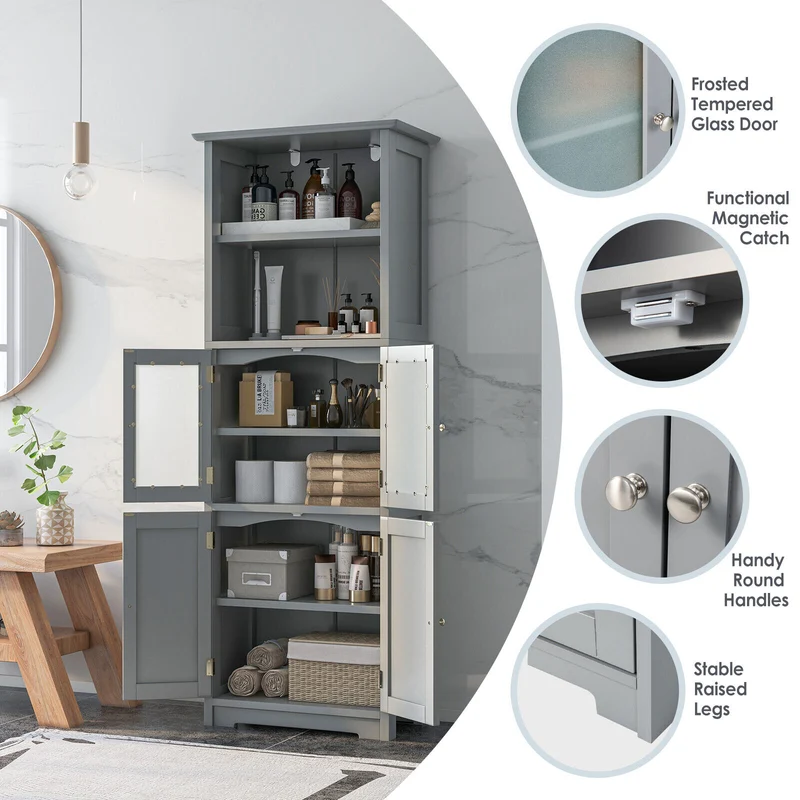 6-Tier Freestanding Bathroom Cabinet, Adjustable Shelves, Gray