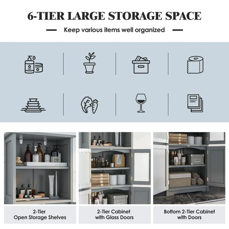 6-Tier Freestanding Bathroom Cabinet, Adjustable Shelves, Gray