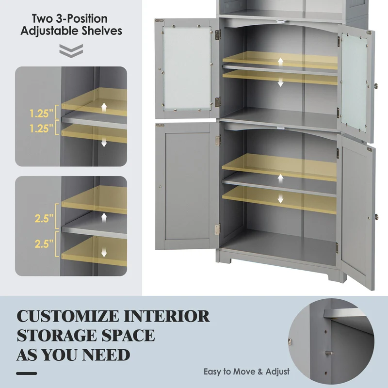 6-Tier Freestanding Bathroom Cabinet, Adjustable Shelves, Gray