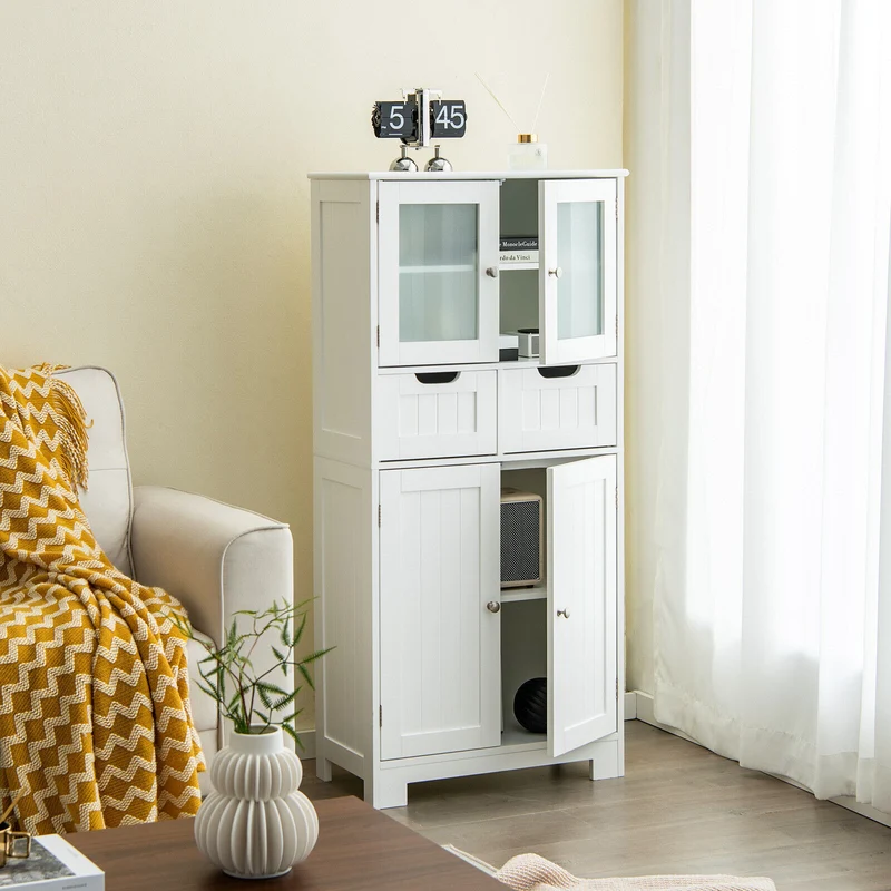 3 Tier Bathroom Cabinet, 2 Drawers, Glass Doors, White