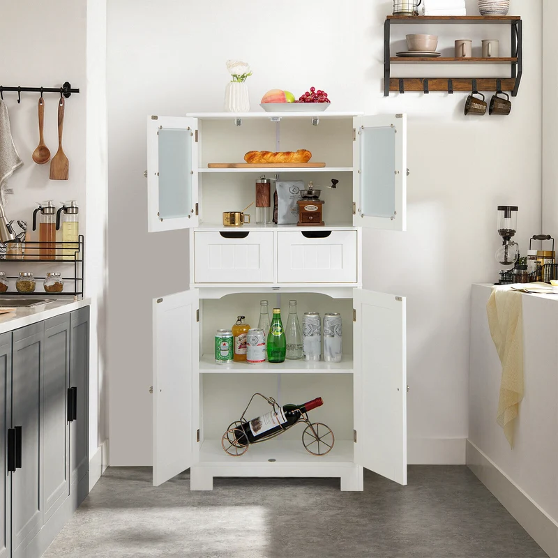 3 Tier Bathroom Cabinet, 2 Drawers, Glass Doors, White