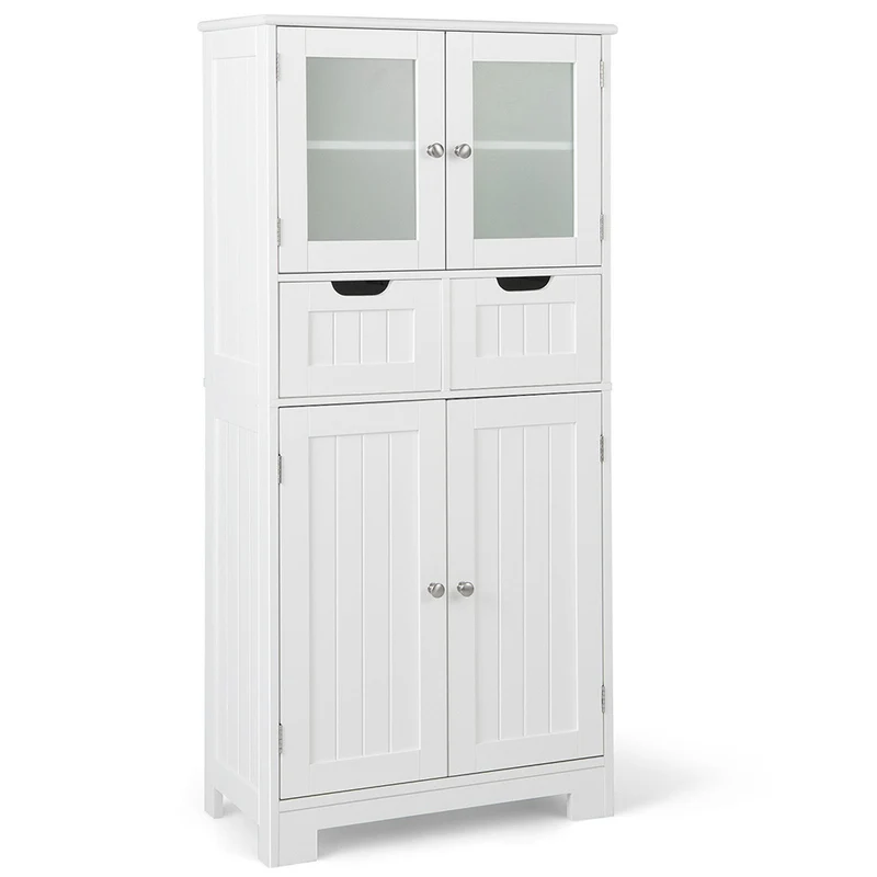 3 Tier Bathroom Cabinet, 2 Drawers, Glass Doors, White