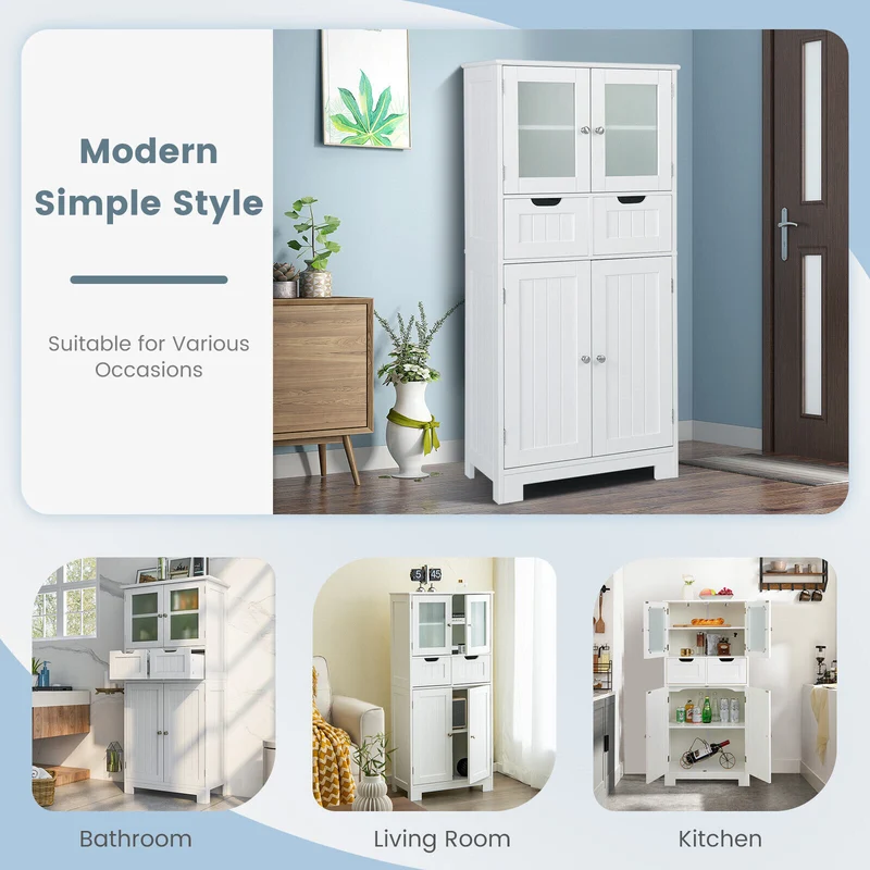 3 Tier Bathroom Cabinet, 2 Drawers, Glass Doors, White