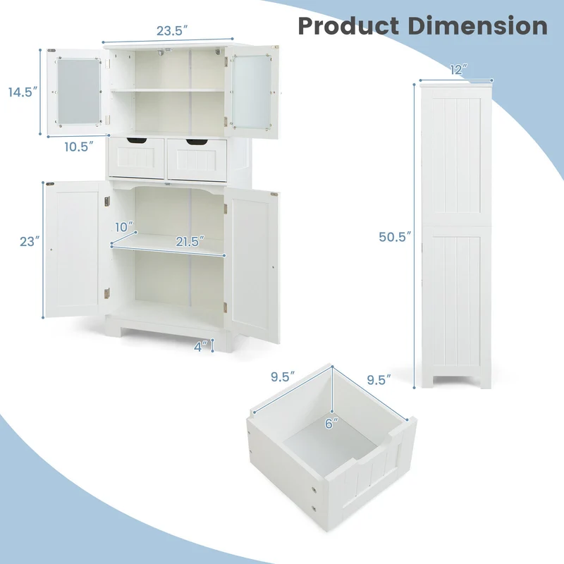 3 Tier Bathroom Cabinet, 2 Drawers, Glass Doors, White