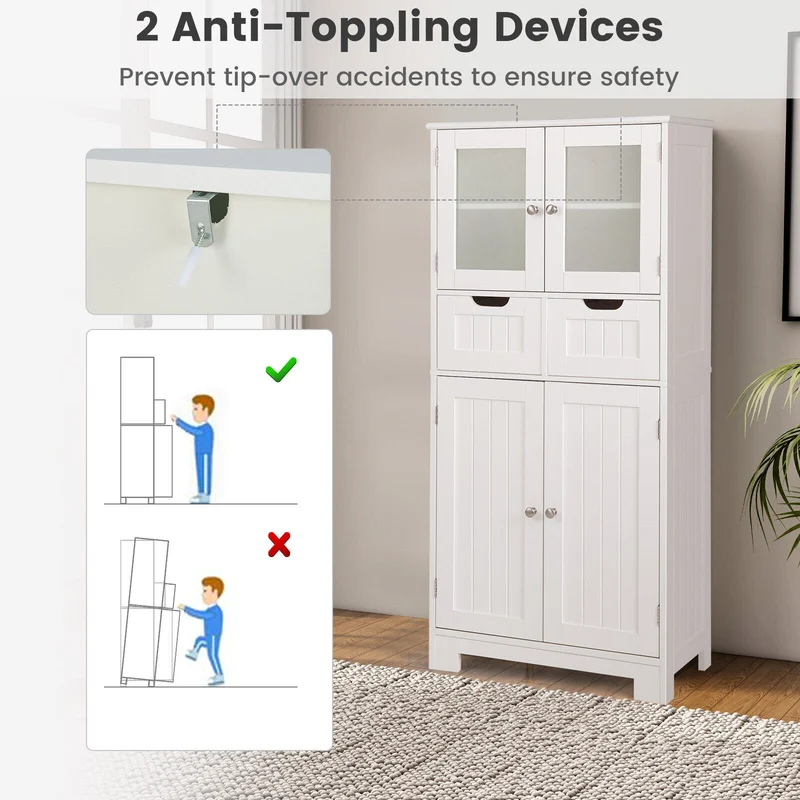 3 Tier Bathroom Cabinet, 2 Drawers, Glass Doors, White