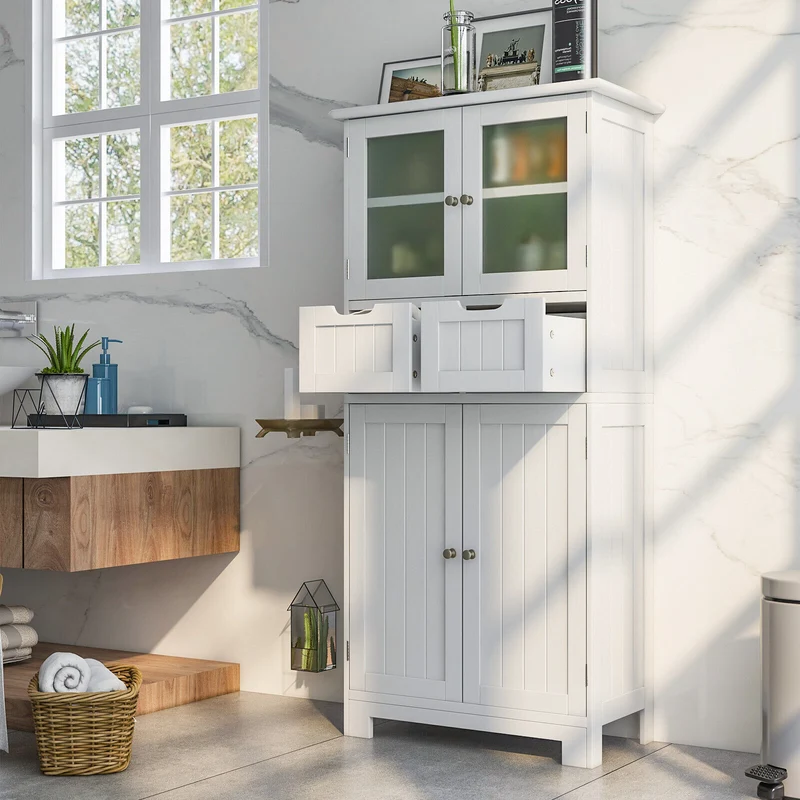 3 Tier Bathroom Cabinet, 2 Drawers, Glass Doors, White