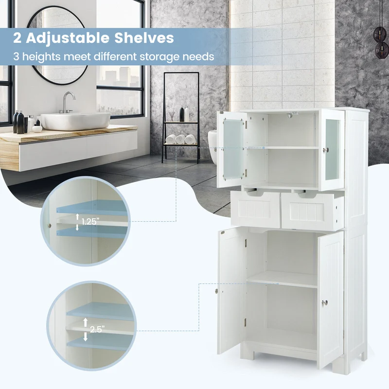 3 Tier Bathroom Cabinet, 2 Drawers, Glass Doors, White
