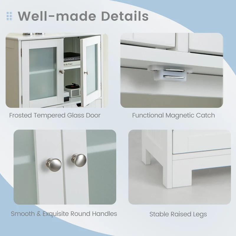 3 Tier Bathroom Cabinet, 2 Drawers, Glass Doors, White