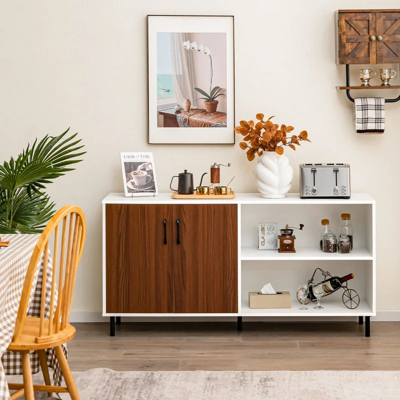 Modern Buffet Sideboard, Walnut, 2 Doors, Open Compartments